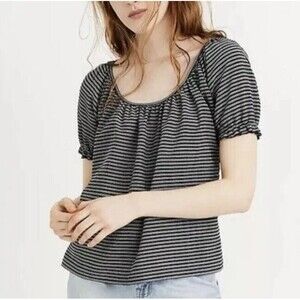 Madewell Blouse Women Small Texture Thread Boho Top Navy White Stripe Cap Sleeve